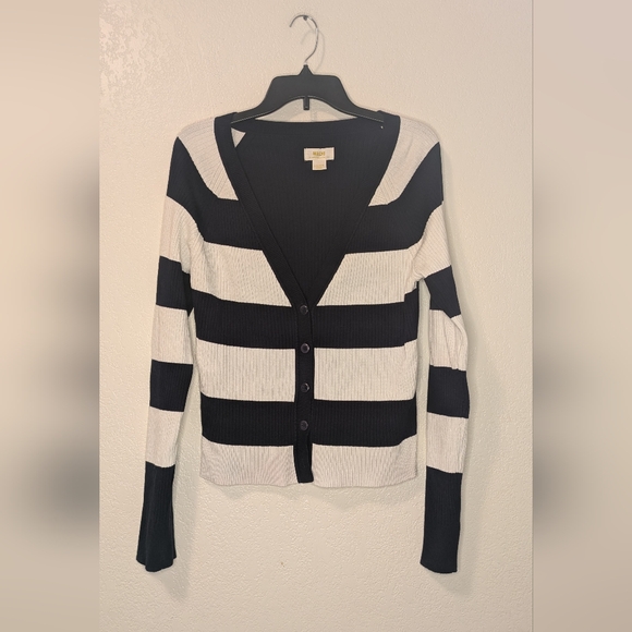 Maeve Anthropologie Striped Slim Rib Navy and White Cardigan - Picture 5 of 9